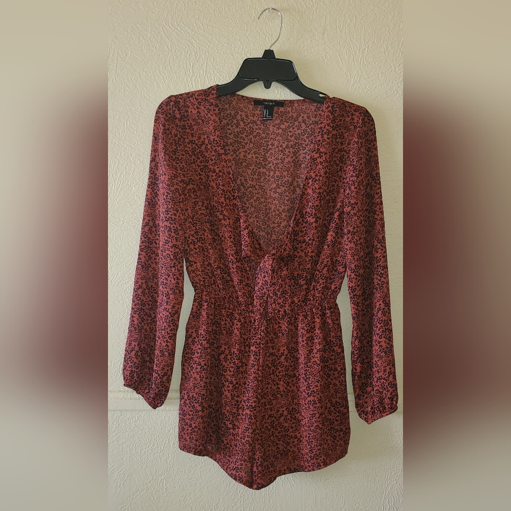 Forever 21 Medium Rustic Long Sleeve Romper With Black Floral Accents